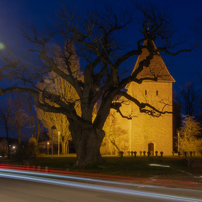 Historisches Gebäude bei Nacht, umgeben von Bäumen und Lichtern, Straßenverkehr im Vordergrund.